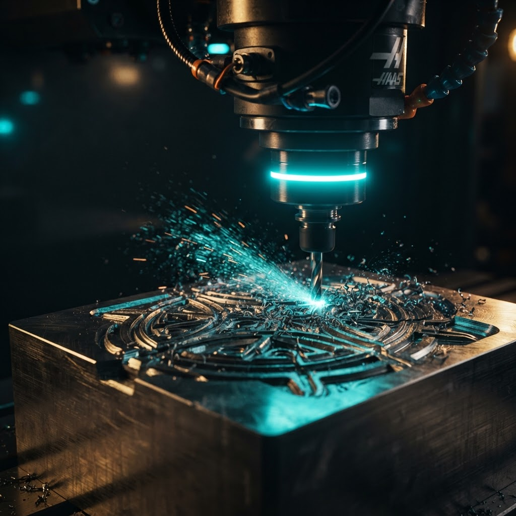 CNC spindle carving a precision 3D relief into titanium